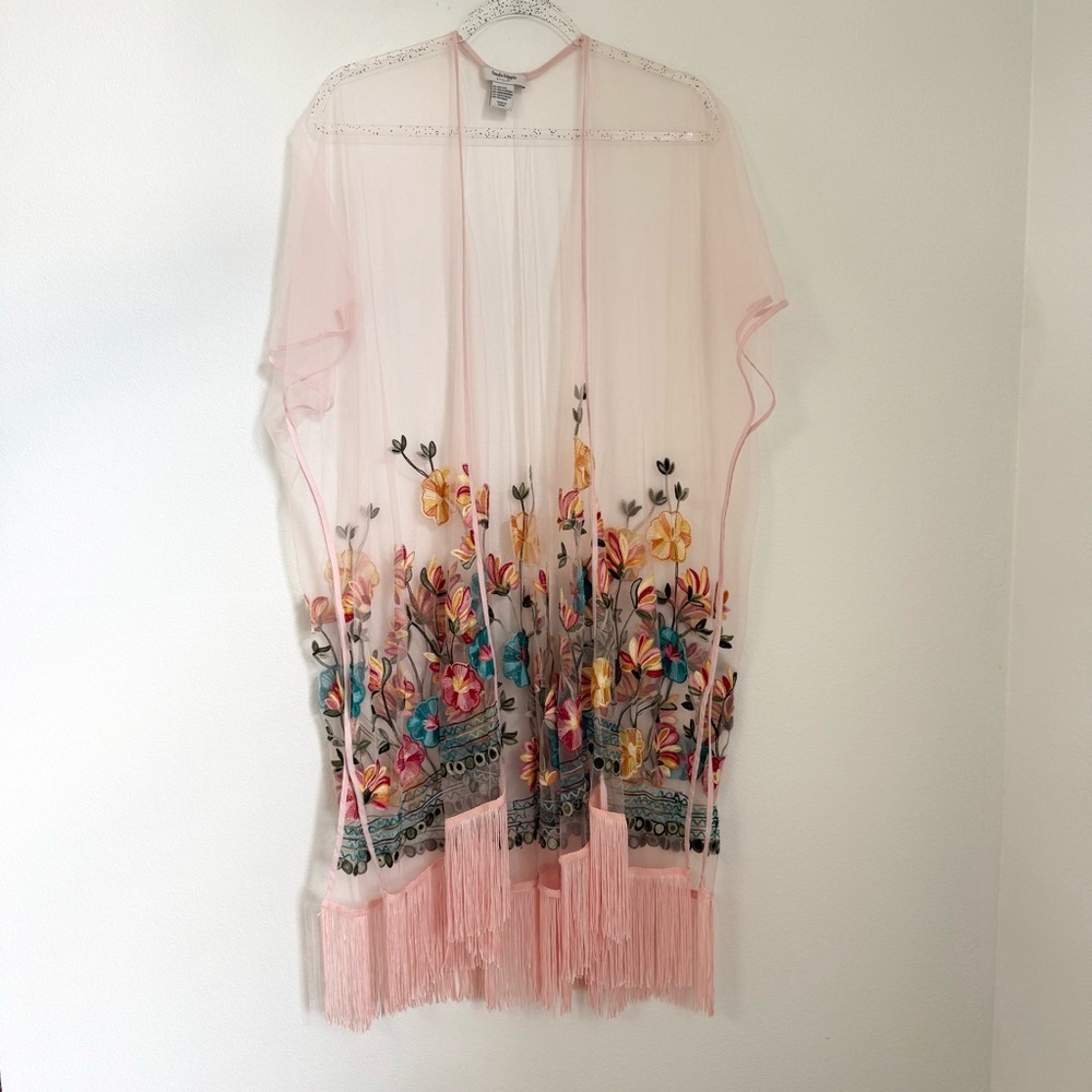Haute Hippie Pink Mesh Floral Embroidered Fringe Boho Festival Poncho OS